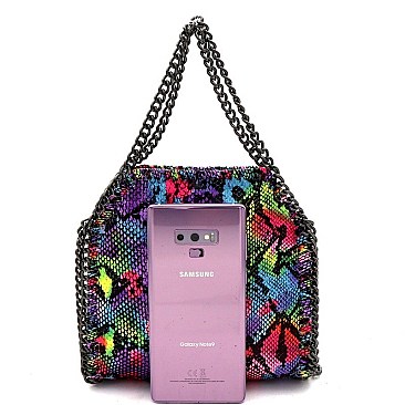 SNAKE PRINT CHAIN LINK ACCENT SATCHEL