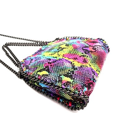 SNAKE PRINT CHAIN LINK ACCENT SATCHEL