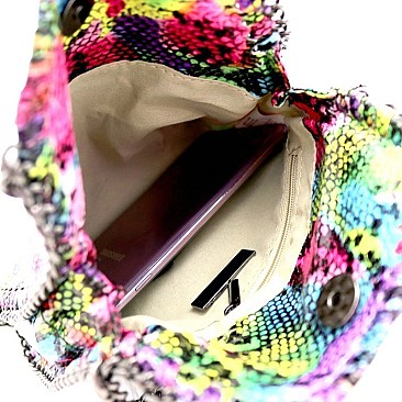 SNAKE PRINT CHAIN LINK ACCENT SATCHEL
