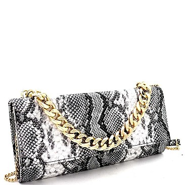 SNAKE PRINT CHAIN ACCENT CLUTCH SHOULDER BAG