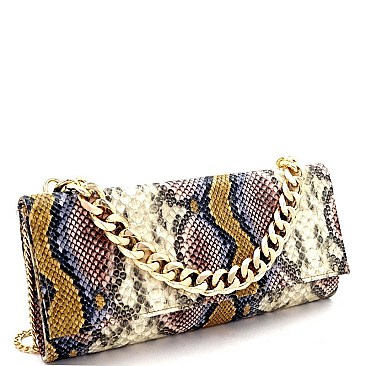 SNAKE PRINT CHAIN ACCENT CLUTCH SHOULDER BAG