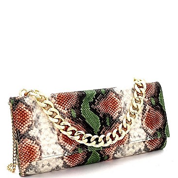SNAKE PRINT CHAIN ACCENT CLUTCH SHOULDER BAG