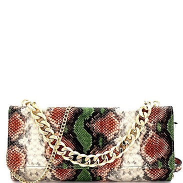SNAKE PRINT CHAIN ACCENT CLUTCH SHOULDER BAG