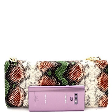 SNAKE PRINT CHAIN ACCENT CLUTCH SHOULDER BAG