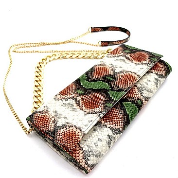SNAKE PRINT CHAIN ACCENT CLUTCH SHOULDER BAG
