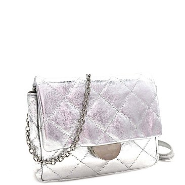 METALLIC CHAIN QUILTED CROSS BODY SHOULDER BAG