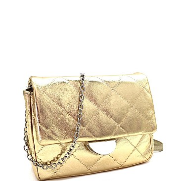 METALLIC CHAIN QUILTED CROSS BODY SHOULDER BAG