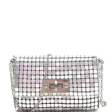 TURN-LOCK METALLIC MESH FLAP SHOULDER BAG