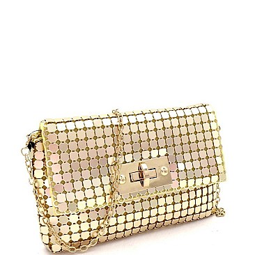 TURN-LOCK METALLIC MESH FLAP SHOULDER BAG