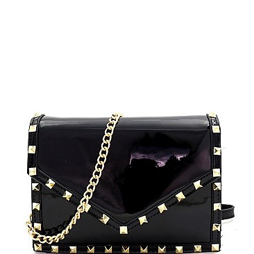 Flap Pyramid Stud Accent Patent Shoulder Bag