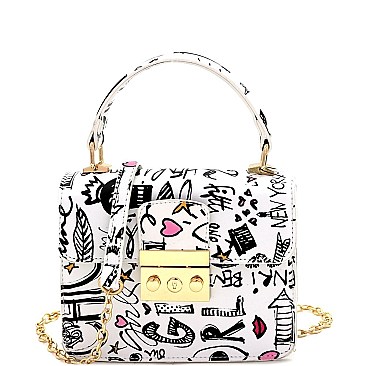 Small Graffiti Effect Pinch-Lock Boxy Flap Satchel