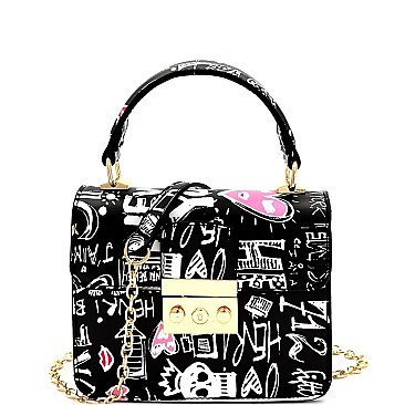 Small Graffiti Effect Pinch-Lock Boxy Flap Satchel