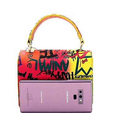Small Graffiti Effect Pinch-Lock Boxy Flap Satchel
