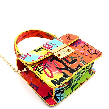 Small Graffiti Effect Pinch-Lock Boxy Flap Satchel