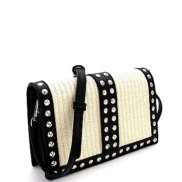 Woven Straw Cone Stud Accent Flap Shoulder Bag