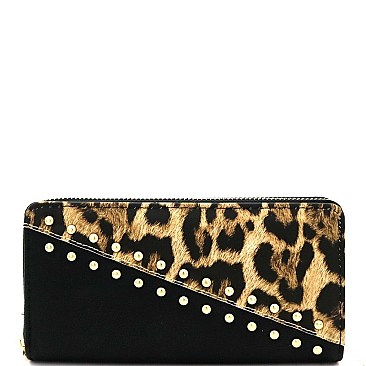 STUDDED DIAGONAL LEOPARD ACCENT WALLET