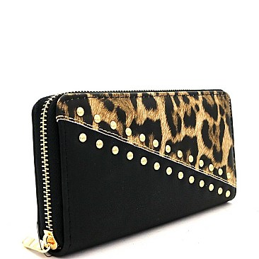 STUDDED DIAGONAL LEOPARD ACCENT WALLET