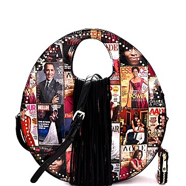 Magazine Print Fringed Round Satchel Wallet SET PQ013-1W-LP