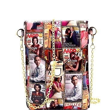 Michelle Obama Magazine Print Push-Lock Cellphone Holder Cross Body Multi