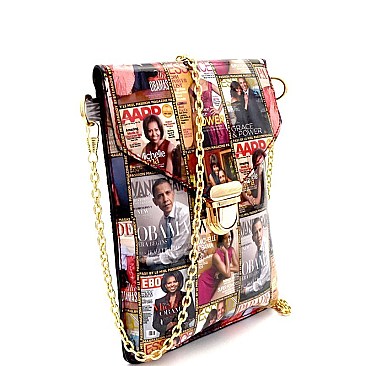 Michelle Obama Magazine Print Push-Lock Cellphone Holder Cross Body Multi