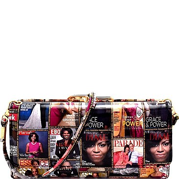 Magazine Print Patent Kiss-Lock Wallet Cross Body