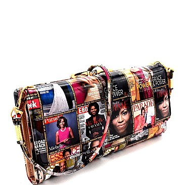 Magazine Print Patent Kiss-Lock Wallet Cross Body