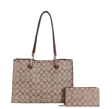 2-IN1 Oval Pattern Large Size Shoulder Tote Bag w Wallet Set