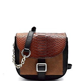 PS3373-LP Crocodile Print Color Block Belted Flap Messenger