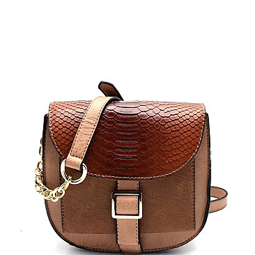 PS3373-LP Crocodile Print Color Block Belted Flap Messenger