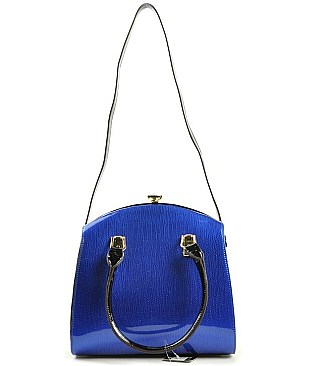 Jewel-top Patent Boxy Shape Satchel with Adjustable Strap