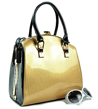 Jewel-top Patent Boxy Shape Satchel with Adjustable Strap