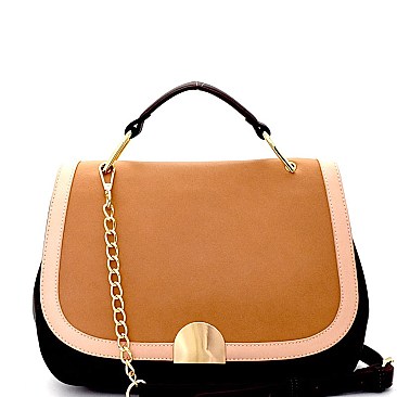 PU050406-LP Hardware Accent Color Block Flap Satchel