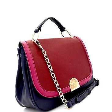 PU050406-LP Hardware Accent Color Block Flap Satchel