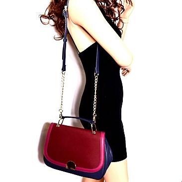 PU050406-LP Hardware Accent Color Block Flap Satchel