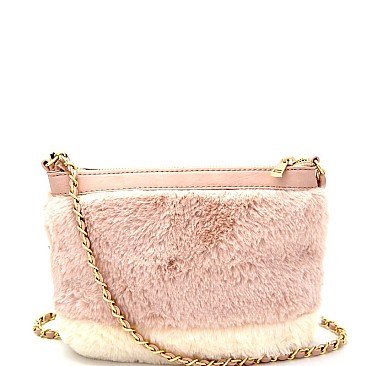 PU052234-LP Color Block Faux-Fur Plush Chain Shoulder Bag