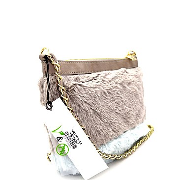 PU052234-LP Color Block Faux-Fur Plush Chain Shoulder Bag