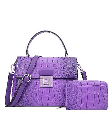 2 in 1 Crocodile Medium Flap Shoulder Bag Wallet Set