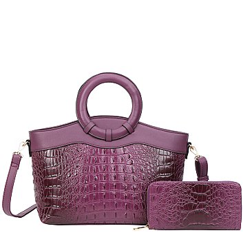 2 IN-1 Croc Round Top Handle Satchel Bag + Wallet