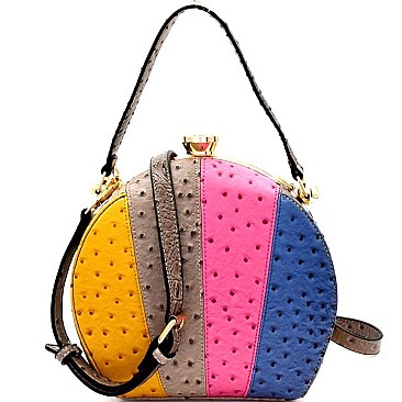 Ostrich Color Block Patchwork Jewel-Top Satchel
