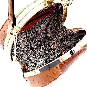 Ostrich Color Block Patchwork Jewel-Top Satchel