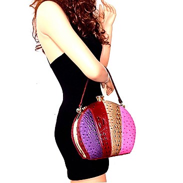 Ostrich Color Block Patchwork Jewel-Top Satchel