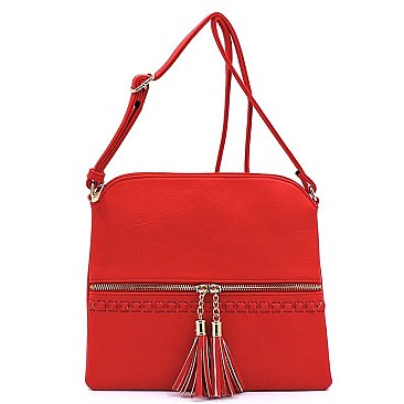Weaved Whipstitch Tassel Zipper Crossbody Bag