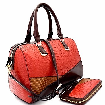 [S]RD2062-LP Snake Print Color Block Patchwork Boston Satchel Wallet SET