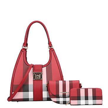 3 IN 1 Curve Monogram Plaid Tote Bag + Crossbody + Wallet