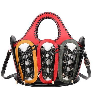 Premium Vegan Leather Woven Bucket Bag with Multi-color Splicing
