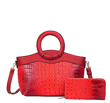 2 IN-1 Croc Round Top Handle Satchel Bag + Wallet