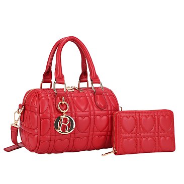 2-in-1 Quilted Heart Design Boston Satchel With Wallet