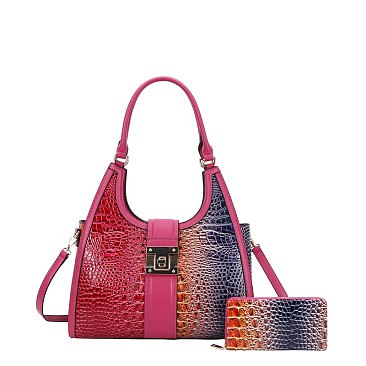 WHOLESALE 2- in-1 Embossed Tie/dye Croc Tote Set + Wallet ROSE