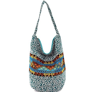 S0327-LP Paisley Aztec Print Canvas Bohemian Slouchy Hobo