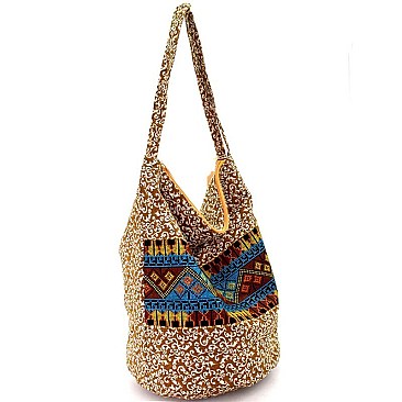 S0327-LP Paisley Aztec Print Canvas Bohemian Slouchy Hobo